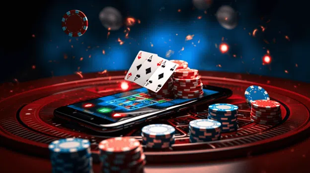 image of casino chips, card and mobile with casino game