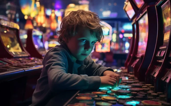 kid playing slots machine in a casino