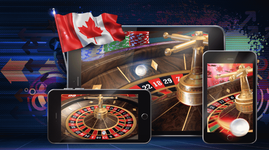 mobile devices with roulette casino games as background